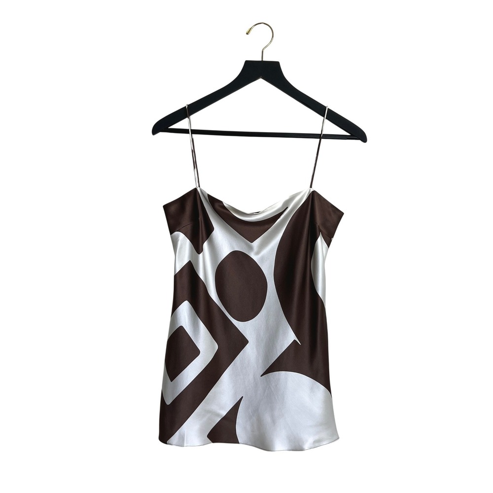 SIR. The Label 100% Silk Cowl Neck Cami Top Brown White Geometric Print Size 1